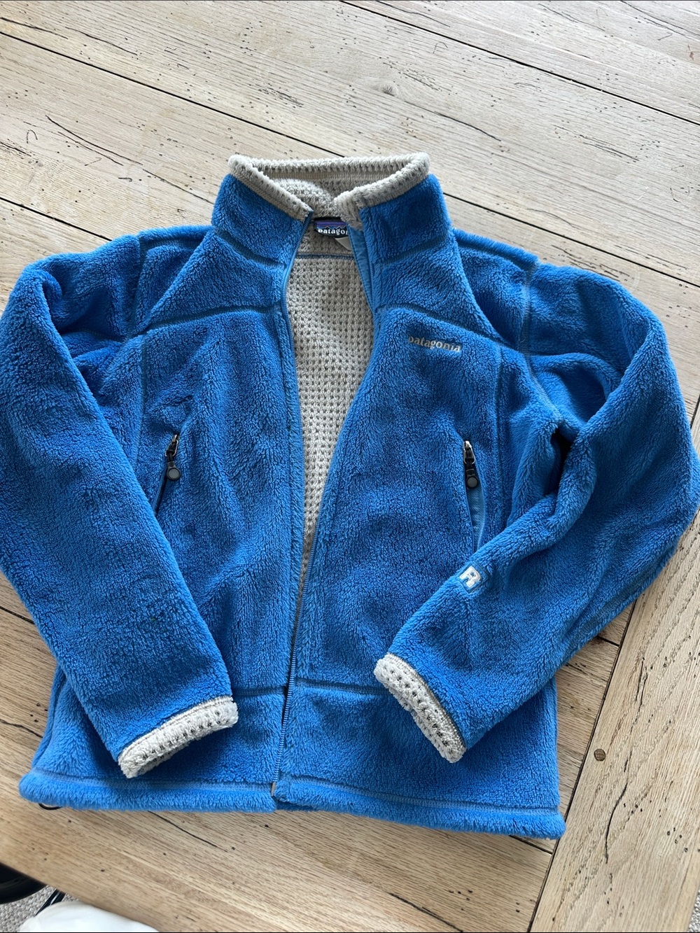 Patagonia Womens Bright Blue Fleece Jacket with Cream Trim